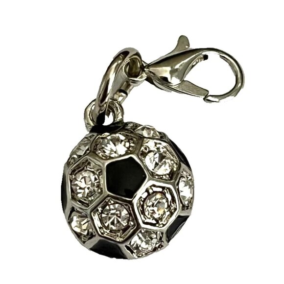Crystal Soccer Ball Clip On Charm Zipper Pull Purse Bag Charm Silver Tone Enamel - Picture 1 of 6